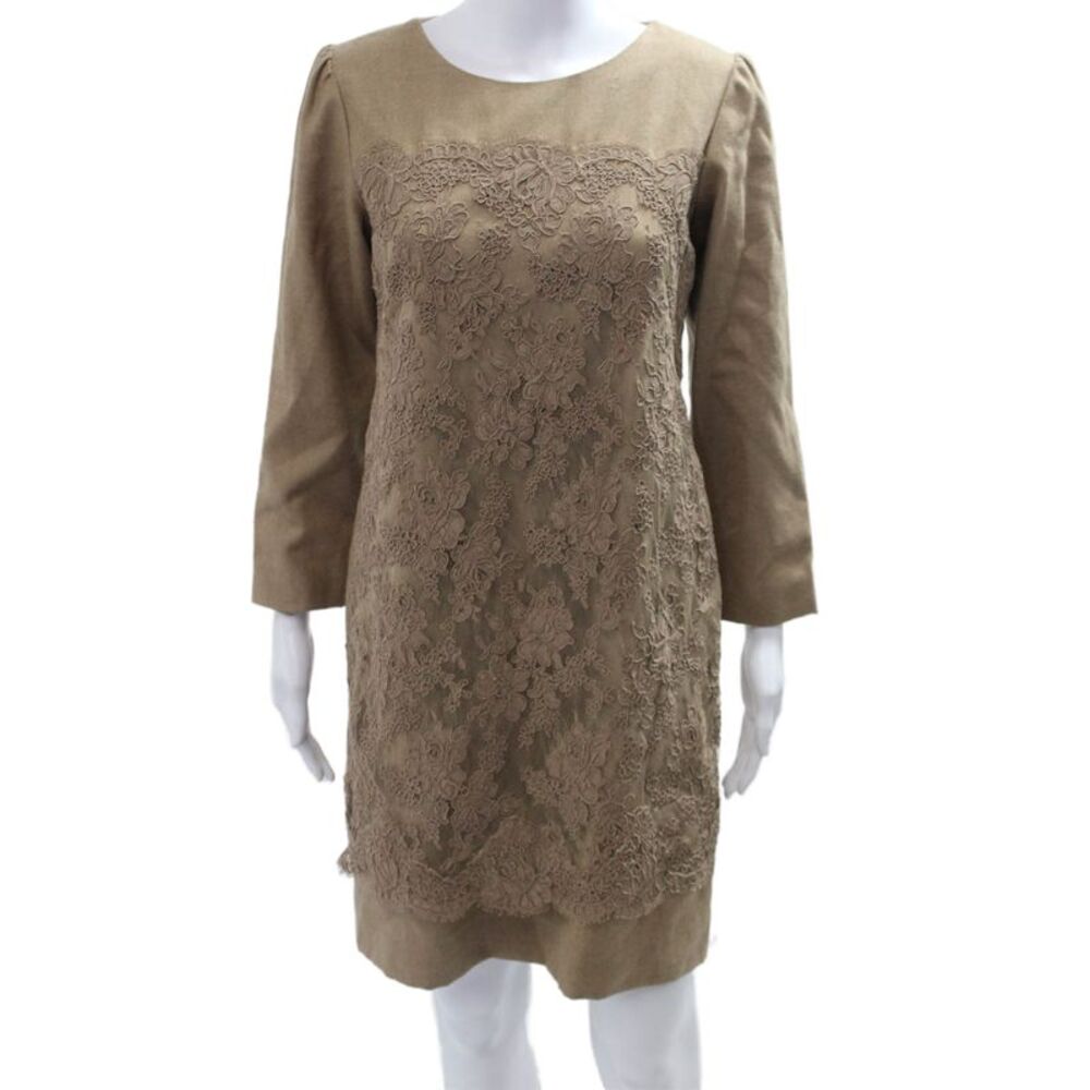 Shannon Mclean Women Shift Dress Brown Wool Floral Long Sleeve Mid Calf Size 8